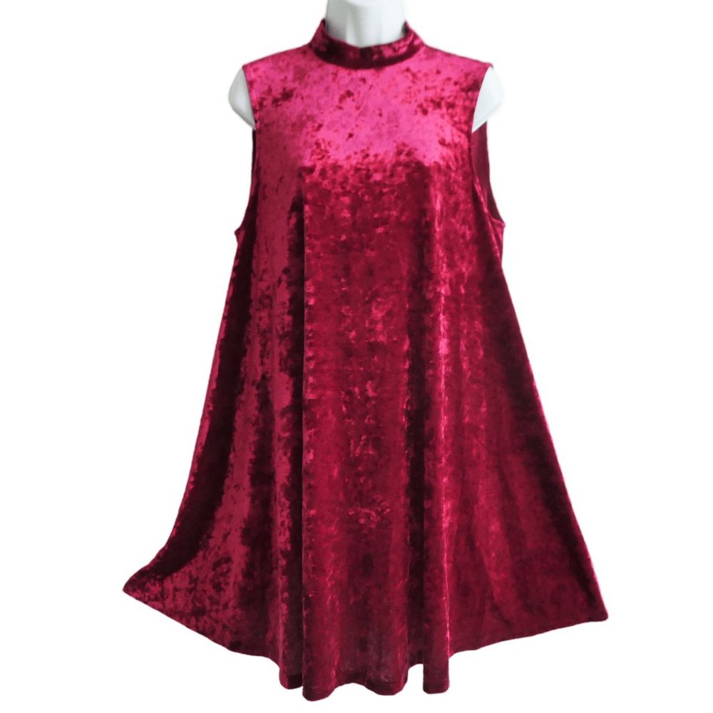 Modcloth Red Crushed Velvet Swing Dress High Neck Keyhole Button Back Stretch 1X